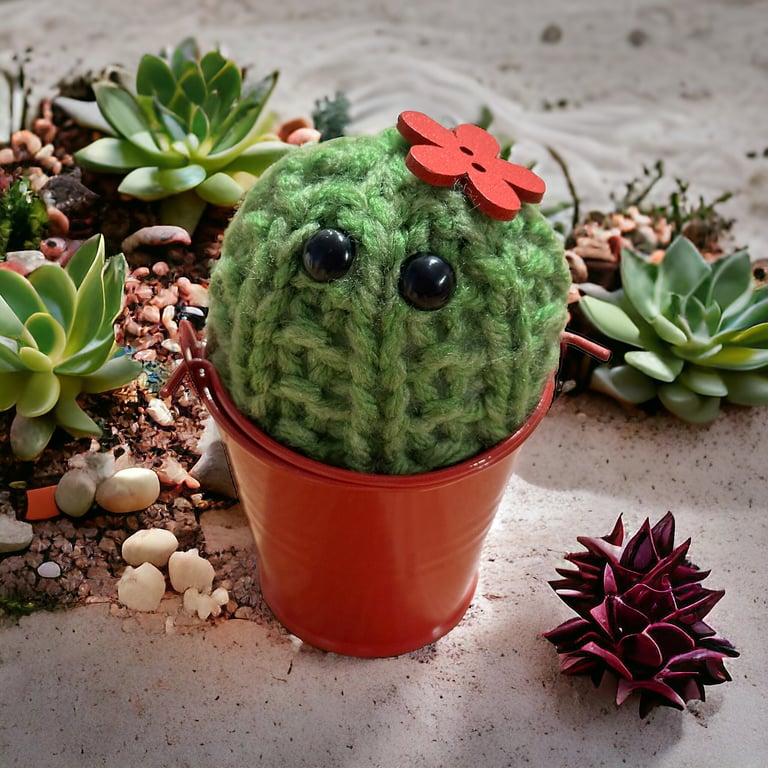 Hand Knitted Cactus with Flower Topper in Metal Bucket – Handmade Home Decor