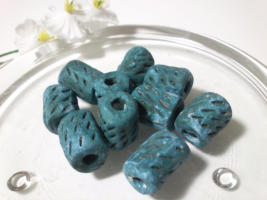 Blue Tubular Textured Beads