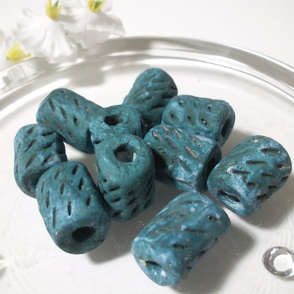 Blue Tubular Textured Beads