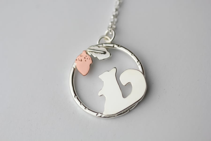 Sterling silver squirrel and copper acorn necklace