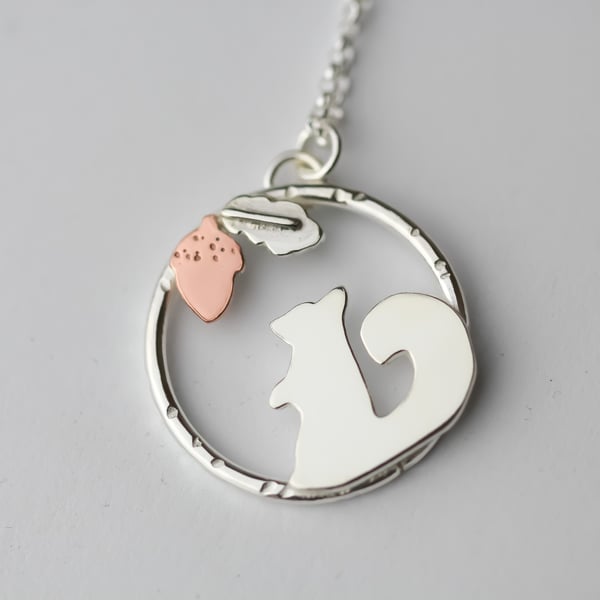 Sterling silver squirrel and copper acorn necklace