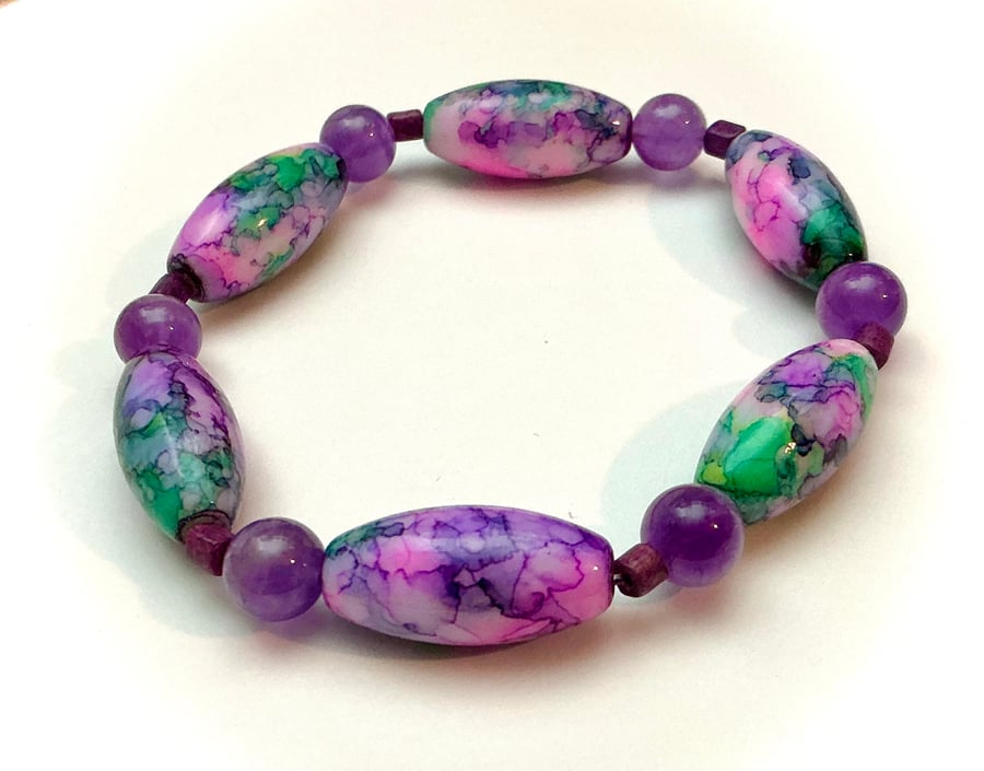 Beaded Bracelet in Pink, Lilac and Green