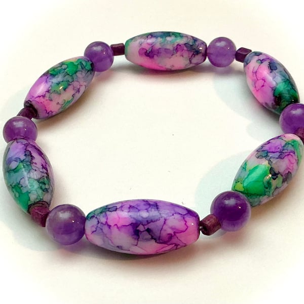 Beaded Bracelet in Pink, Lilac and Green