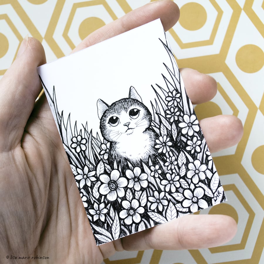 Tuxedo Cat Overgrown Garden ACEO - Inktober 2019 - Day 14 - Ink Drawing Pen Art