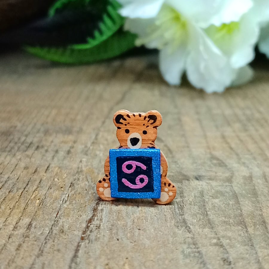 Cancer Bear Pin, Handmade Tiny Star Sign Wooden Teddy Badge