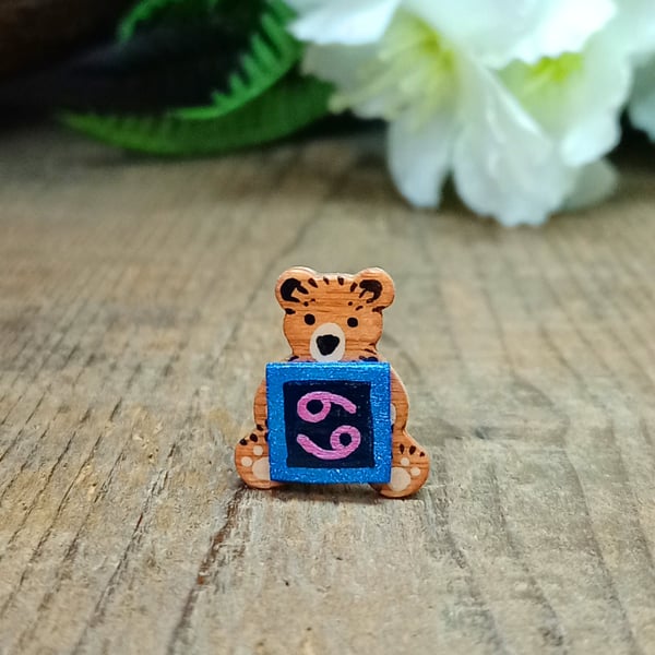 Cancer Bear Pin, Handmade Tiny Star Sign Wooden Teddy Badge