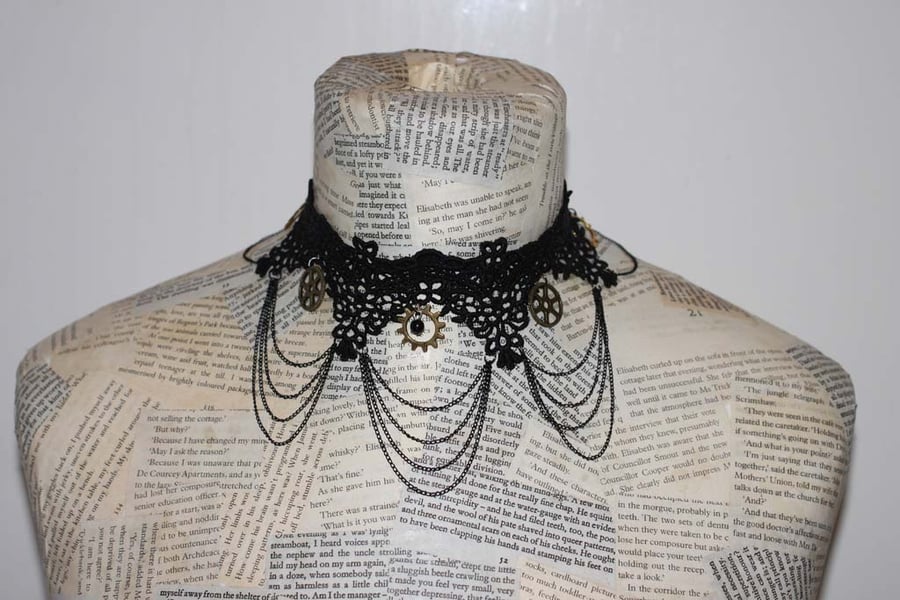 SALE Steampunk Vintage Black Lace Choker Necklace 
