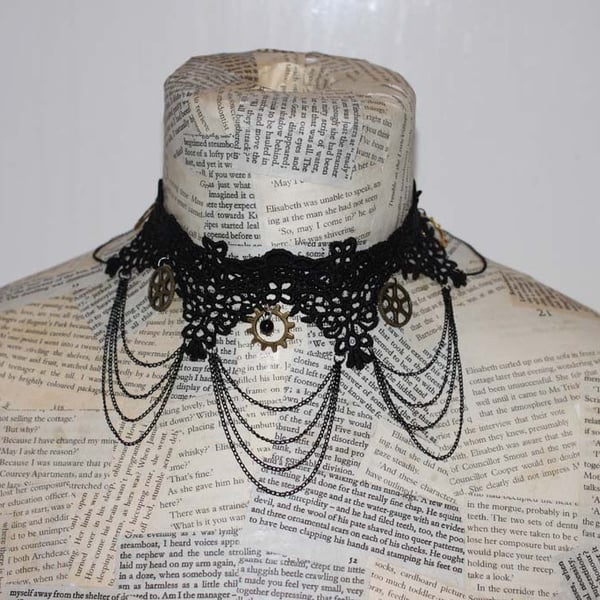 SALE Steampunk Vintage Black Lace Choker Necklace 