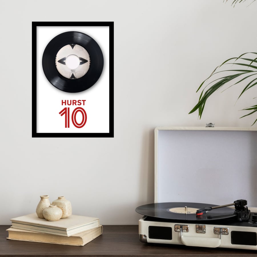 A4 framed'Three Lions' vinyl record with 'HURST 10' graphic