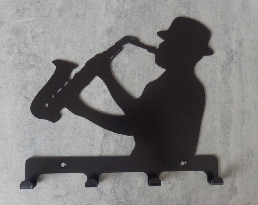 Jazz Man Playing the Saxophone Silhouette Key Hook Rack - metal wall art