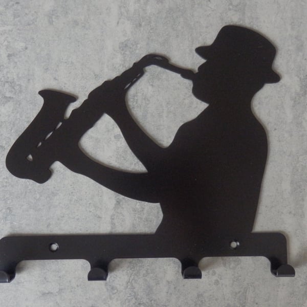 Jazz Man Playing the Saxophone Silhouette Key Hook Rack - metal wall art