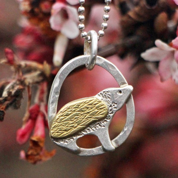 Recycled Silver and Brass Pendant Hedgehog