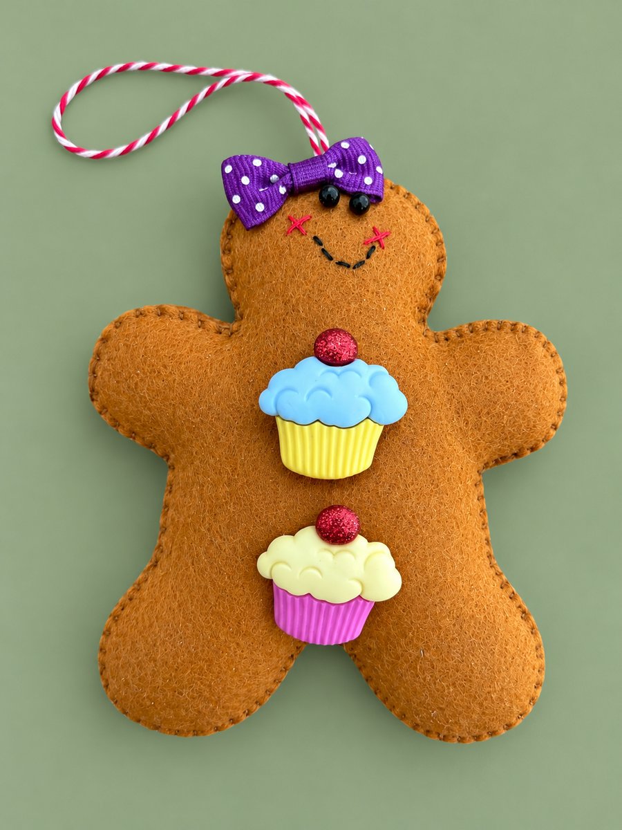 Handmade Felt Gingerbread Girl Christmas Decoration – Cupcake Buttons & Purple B