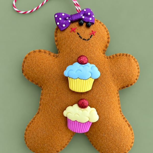 Handmade Felt Gingerbread Girl Christmas Decoration – Cupcake Buttons & Purple B