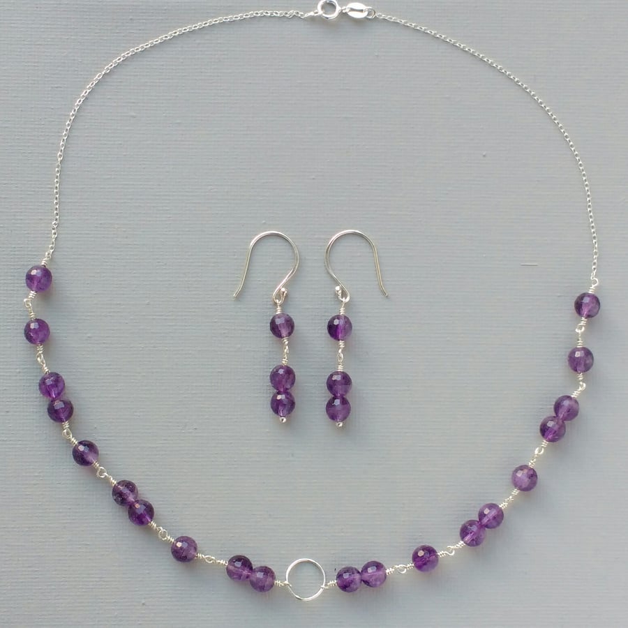 Amethyst and Sterling Silver Chain Karma Necklace and Earrings Set