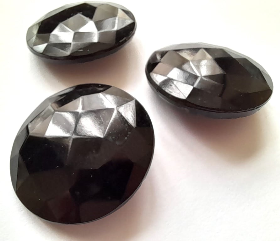 3 Large 27mm Black Glass vintage buttons, multifaceted, with back shank