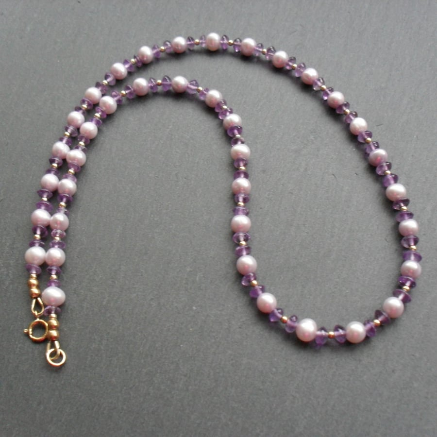 Lilac Pearls and Amethyst Necklace