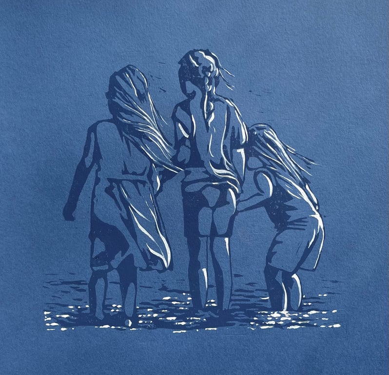 Wave Jumping, linocut