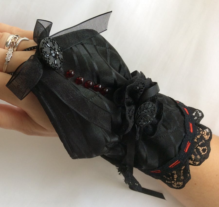Black Satin and lace wrist cuff, steampunk, Victorian, goth, Halloween 