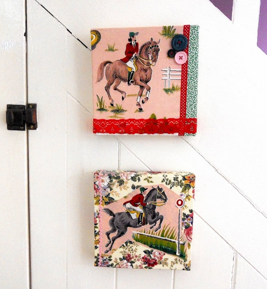 PAIR of  VIntage fabric  Horse Riding Jumping Dressage  Pictures