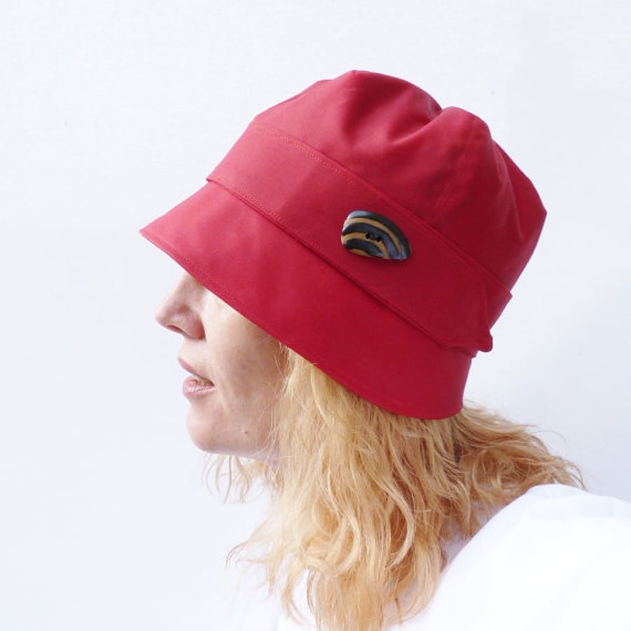 Waxed Cotton Rain Hat - Red