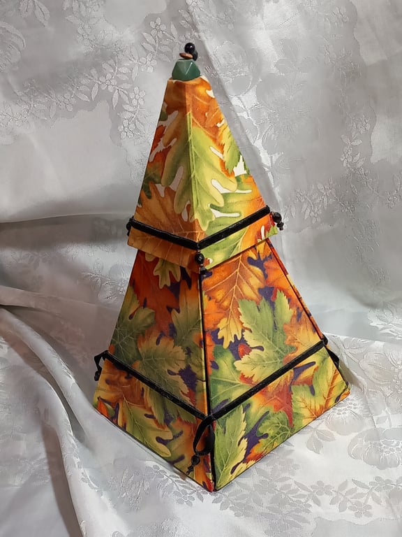 Unique hand-decorated pyramid needlework box fully equipped. Autumn leaves.