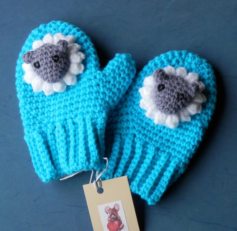 Turquoise Crochet Sheep Mittens fit age 3-4yrs