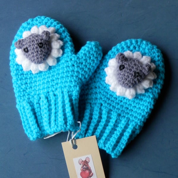 Turquoise Crochet Sheep Mittens fit age 3-4yrs