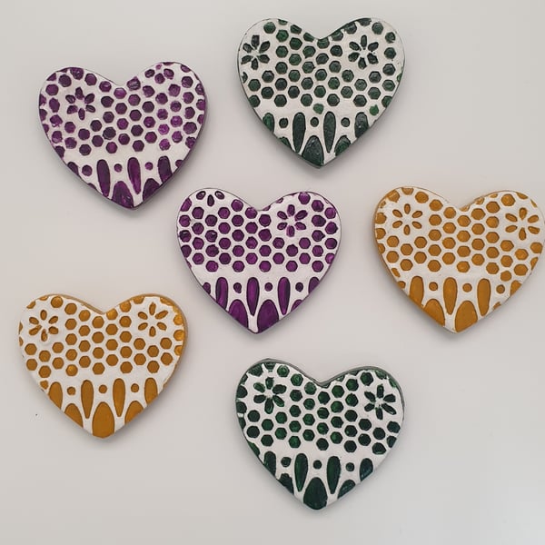 Heart fridge magnets, Clay hearts embossed gift set of 6