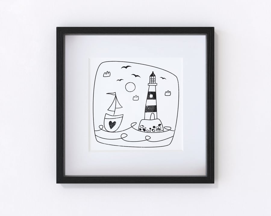 Breezy Day Lighthouse, line illustration, Giclee print