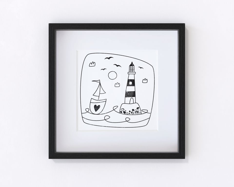 Breezy Day Lighthouse, line illustration, Giclee print