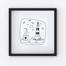 Breezy Day Lighthouse, line illustration, Giclee print