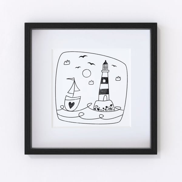 Breezy Day Lighthouse, line illustration, Giclee print