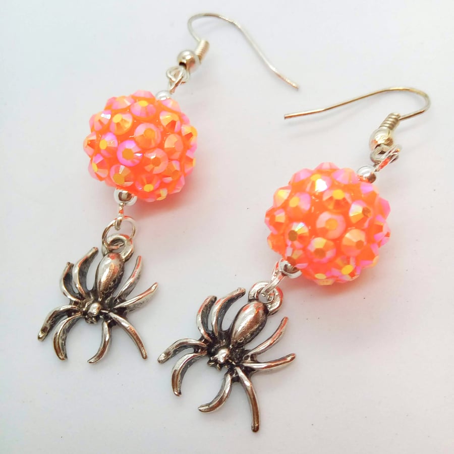 Orange Shamballa Bead and Silver Plated Spider Charm Earrings, Halloween