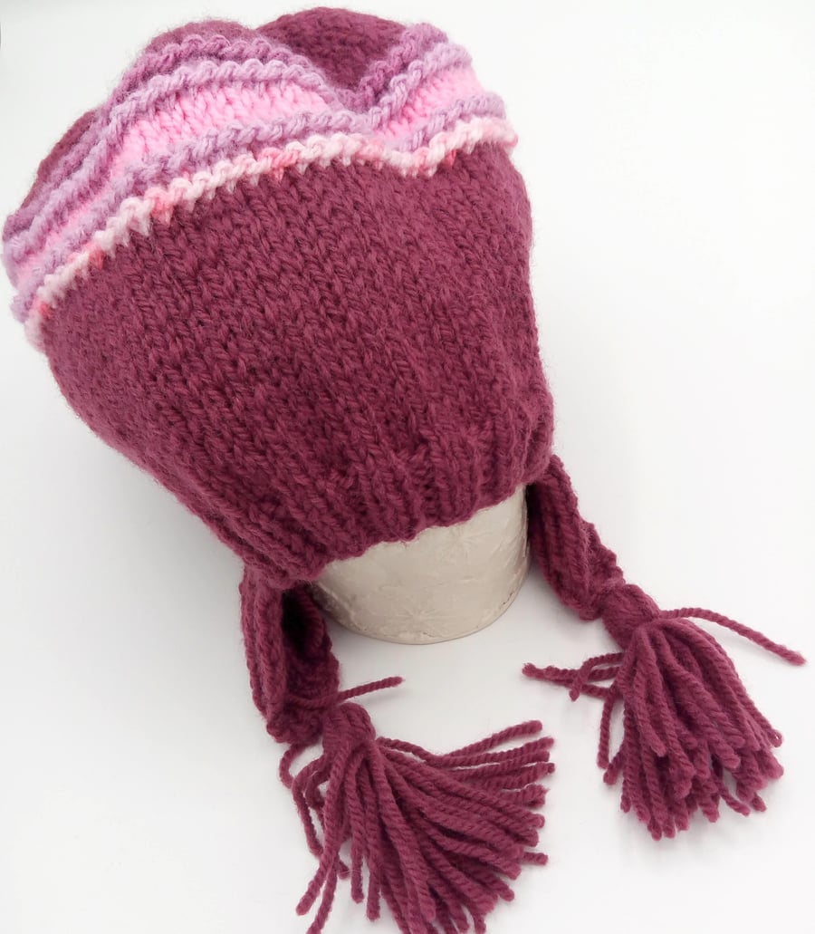 Purple and Pink Girl's Hat with Ear Flaps and Tassels, Gift Ideas for Girl's