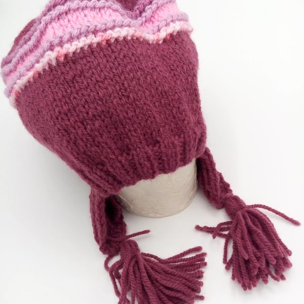 Purple and Pink Girl's Hat with Ear Flaps and Tassels, Gift Ideas for Girl's