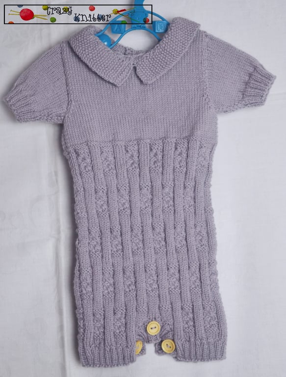 Hand Knitted Baby Overall Short Sleeved with Collar Lilac 100% Merino 3 months