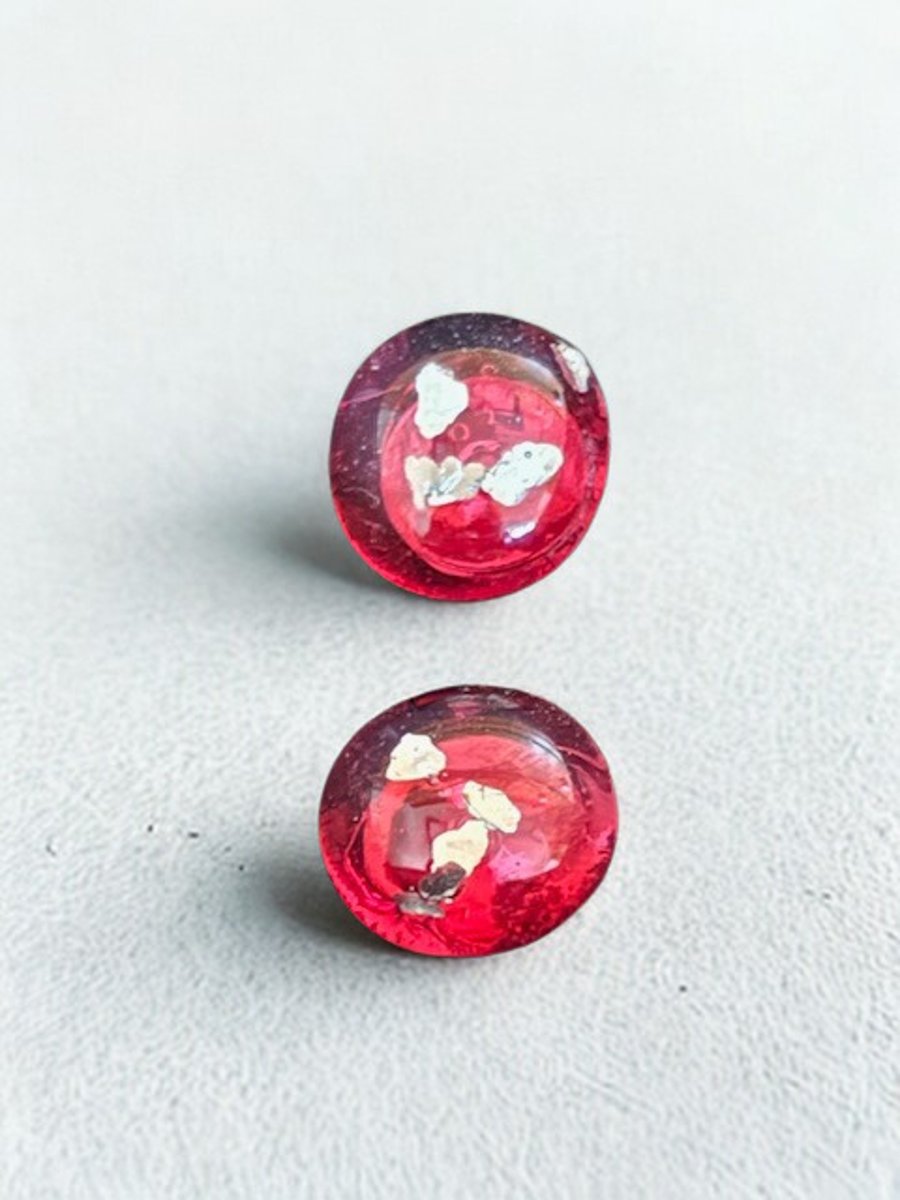 Red and Silver Fused Glass Stud Earrings