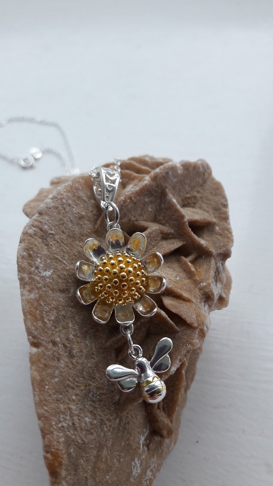 Sterling Silver Daisy and Bee Pendant on Sterling Silver Chain