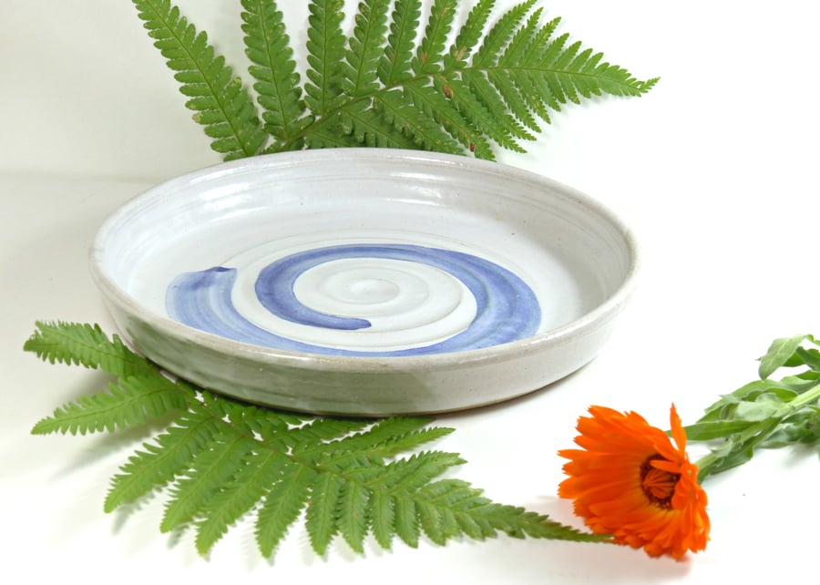 White with a Blue Swirl  Stoneware Medium sized Plate Pottery Ceramic Handmade