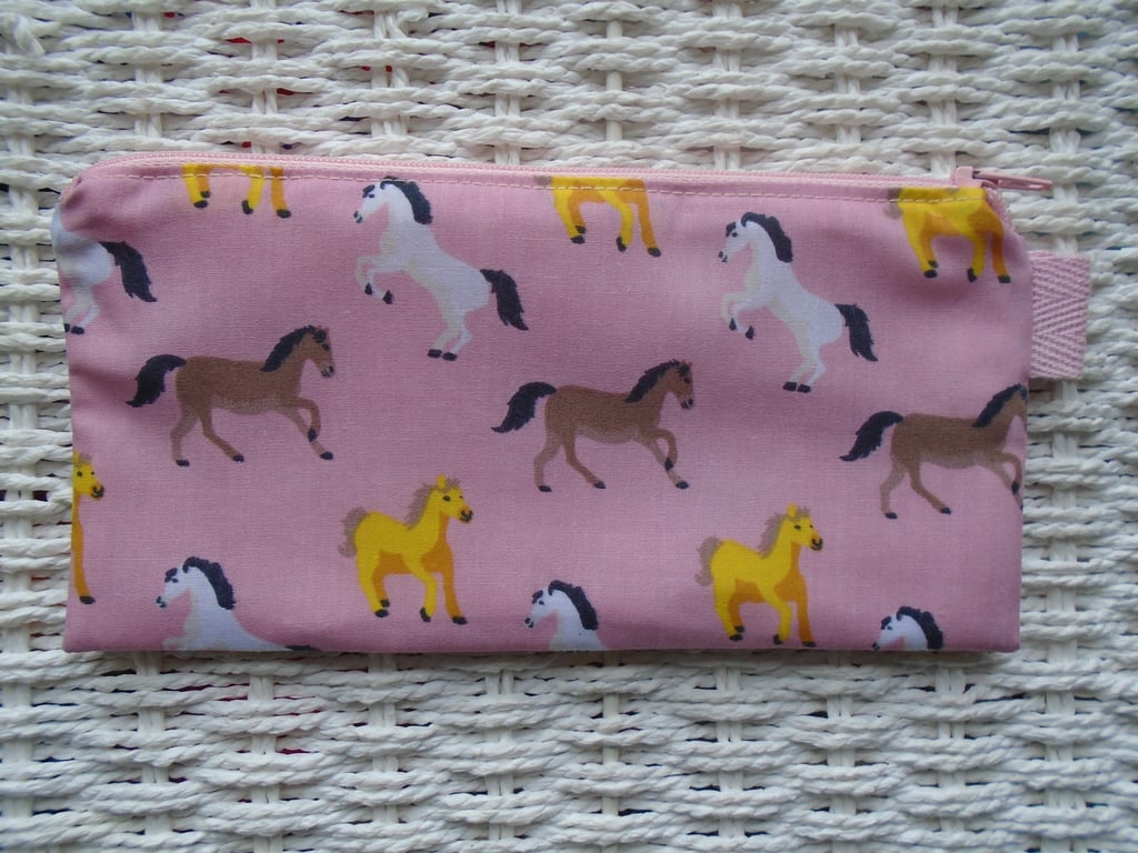 Pink Horses Pencil Case or Small Make Up Bag 