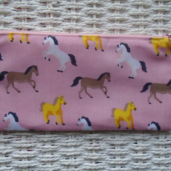 Pink Horses Pencil Case or Small Make Up Bag 