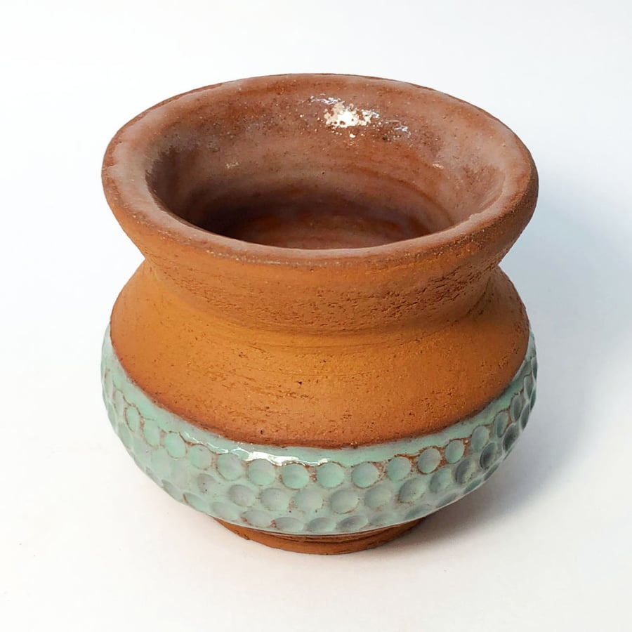 Small wheel-thrown terracotta vase - Leaf Green band