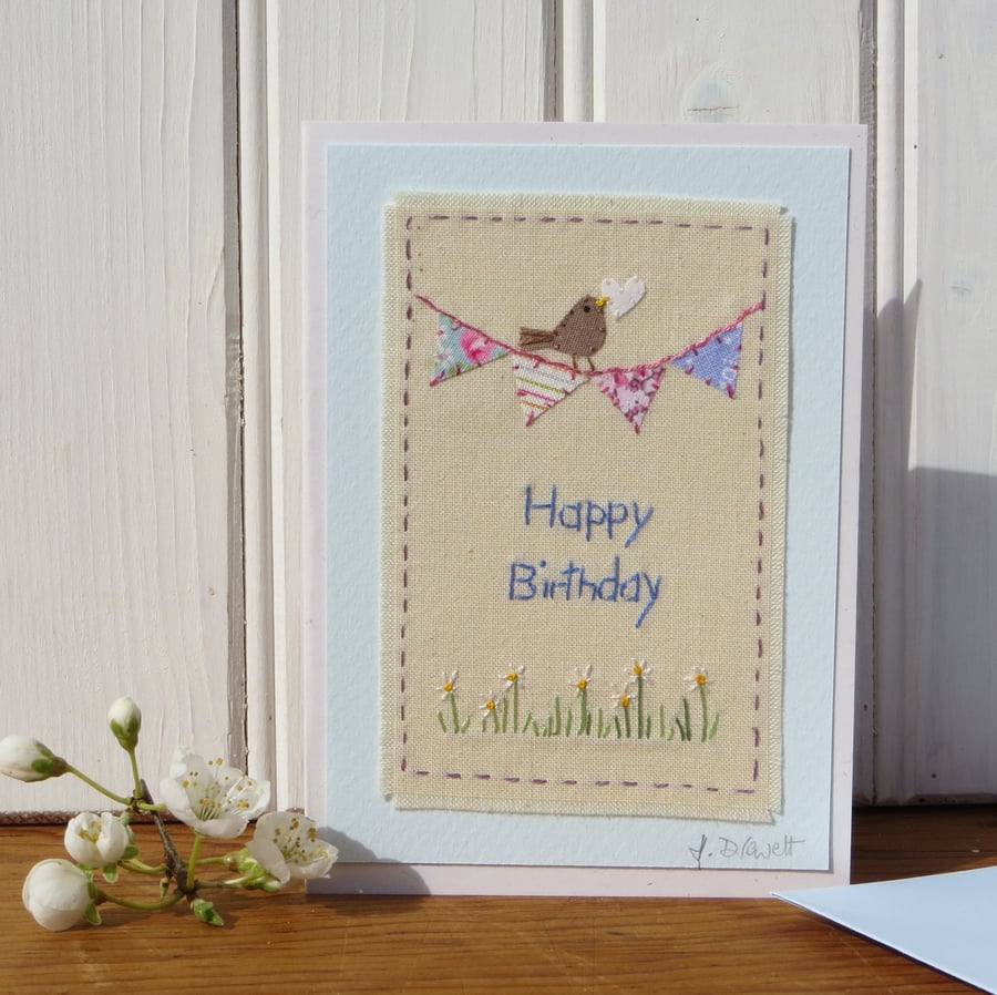 Hand-stitched words, mini bunting and bird with heart - a card to keep!