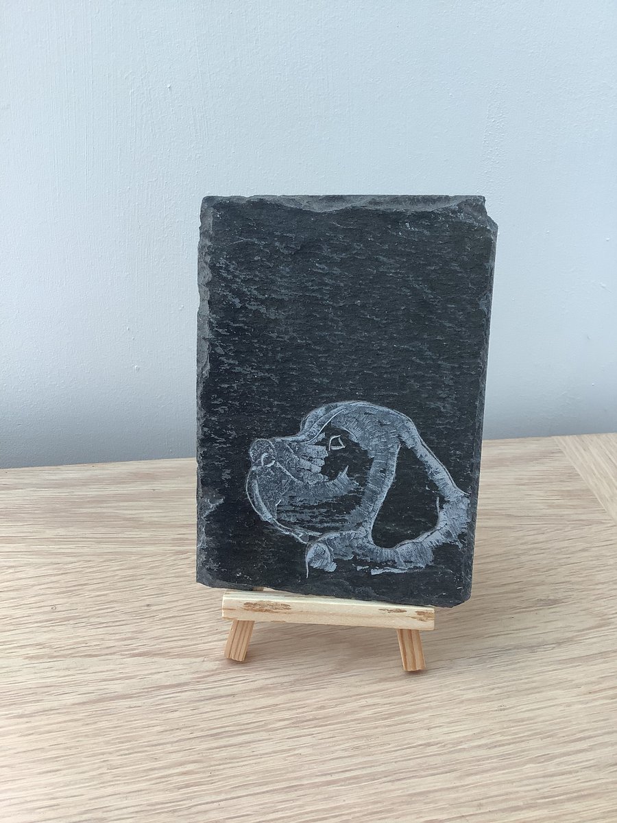 Newfoundland Dog Head Profile  - original art picture hand carved on slate