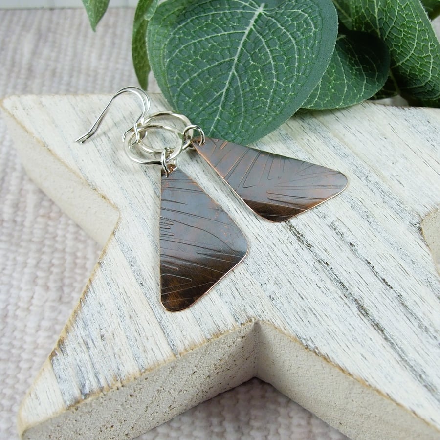 Earrings, Sterling Silver and Copper Long Triangle Dropper Earrings