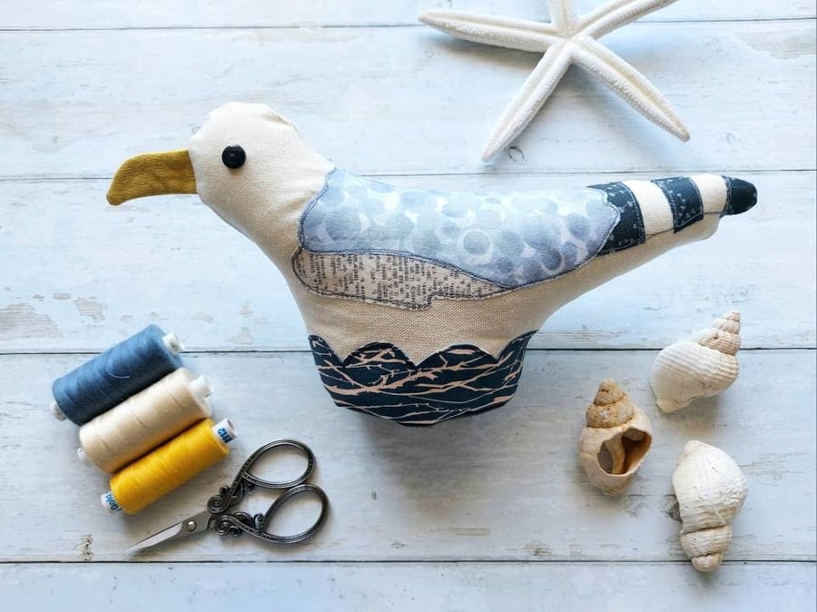 Handmade Seagull Doorstop with Freemotion Sewn Applique