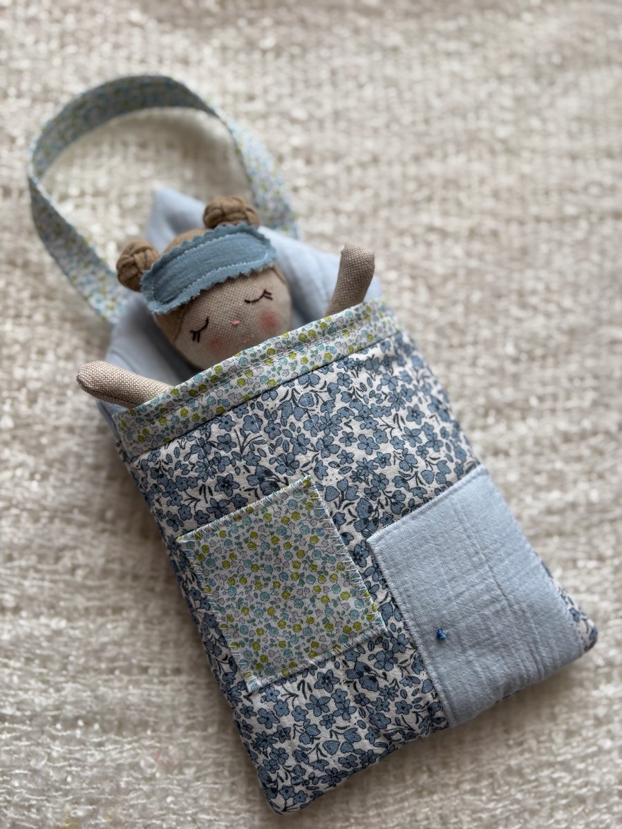 Dolls house bag and mini rag doll with outfits 