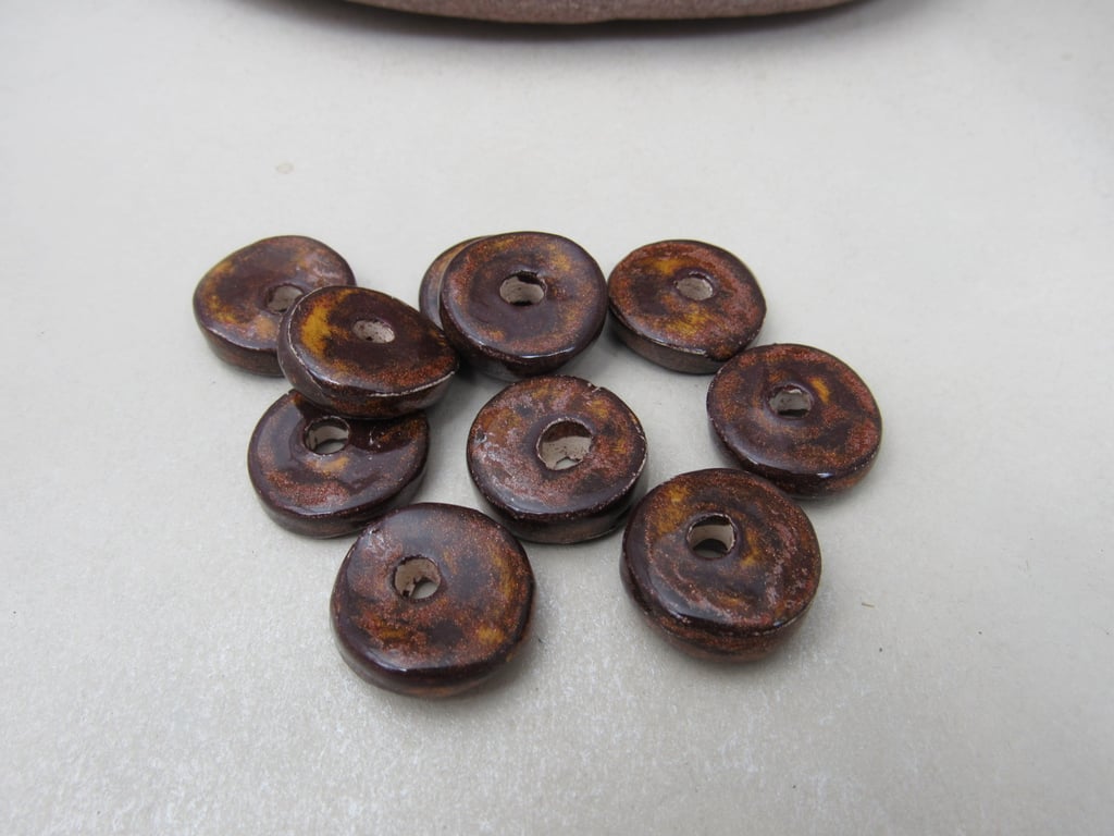 10 Medium Dark Copper Glazed Ceramic Washer Beads