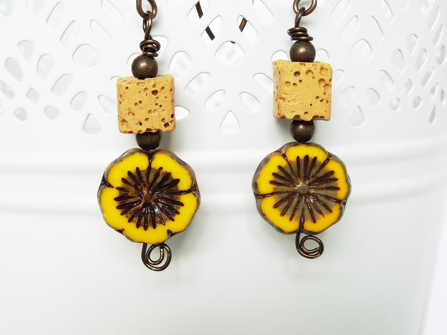 Mustard Earrings, Lava Stone Earrings, Flower Earrings, Czech Glass Earrings, 